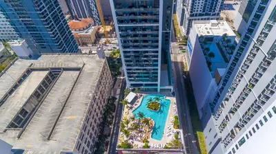 an aerial view of a building with a pool at Stunning 2 Bed 2 Bath w balcony & incredible views in Miami