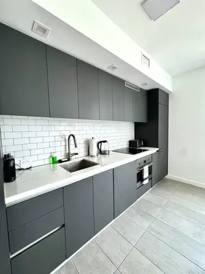 a kitchen with gray cabinets and a sink at 2 bedrooms Design Condo Downtown Miami Pool and Gym in Miami