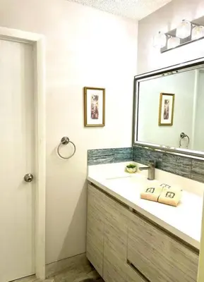 a bathroom with a sink and a mirror at Beach Lake Paradise - Super Location! in Fort Lauderdale