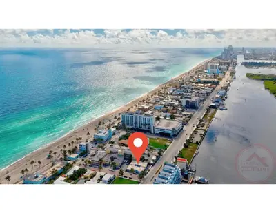 an aerial view of a beach with a red marker at Hollywood Beach Escapade Studio with Free Parking in Hollywood