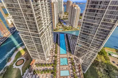 an aerial view of a city with tall buildings at Large Suites in Hotel W with bay views in Miami