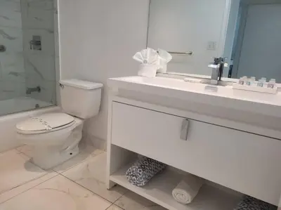 a bathroom with a toilet and a sink and a mirror at Modern 1 BR Condo, Steps from Beach, Free Parking! in Sunny Isles Beach