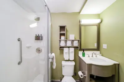 a bathroom with a shower and a toilet and a sink at Claremont Hotel in Miami Beach