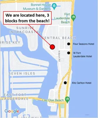 a map of the beach with a red marker at 2Bdrm 1Bath Newly Renovated Condo - Walk to the Beach! in Fort Lauderdale