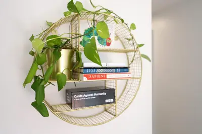 a wicker circle shelf with books and a potted plant at Family Pet Friendly Apartment 3 Minute Walk to Miami Beach in Miami Beach