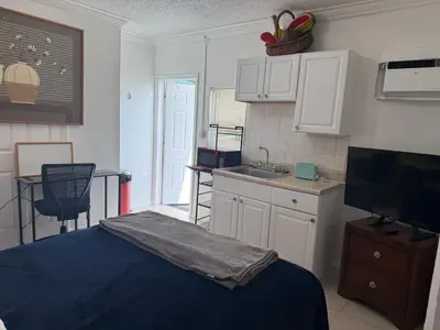a room with a kitchen with a bed and a sink at My Garden in Miami Florida in Palmetto Bay