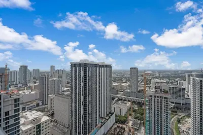 an aerial view of a city with tall buildings at Stylish City Getaway with Pool Skyline Views in Miami
