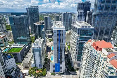 an aerial view of a city with tall buildings at Bay View Condo, Sleeps 6, Pool, Spa, Gym and Games in Miami