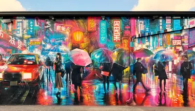 a painting of people walking down a street with umbrellas at Artful Luxury in Miami Most Iconic Spot in Miami