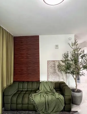 a living room with a green couch and a tree at MONROE APART HOTEl in Hollywood