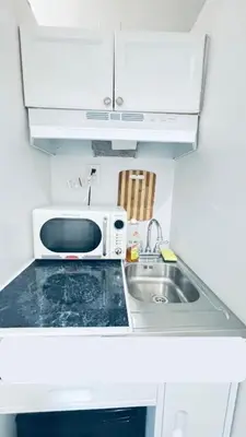 a small kitchen with a sink and a microwave at The Tiny Red Mini Studio At Little Havana in Miami