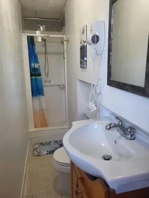 a bathroom with a sink and a shower and a toilet at Azucar Miami in Miami