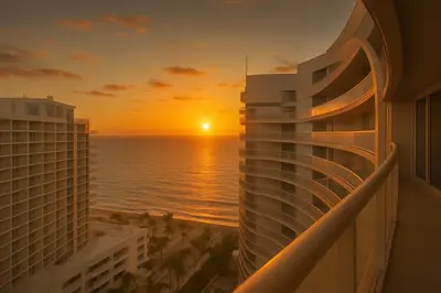a sunset from the balcony of a building at 2BR W Resort, Birds eye view of it all, Professionally Designed in Fort Lauderdale