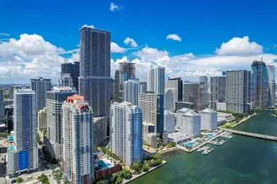 an aerial view of a city with skyscrapers at Waterfront and City Lights 1-BR With Free Parking in Miami