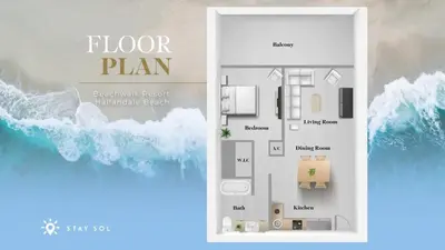 a flyer of a floor plan of a house at Stylish Beach Apartment with Pool in Hallandale Beach