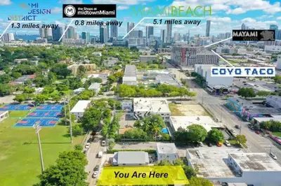 an aerial view of a city with buildings and a street at Wynwood House With Pool, Hotub and Parking in Miami