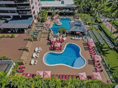 an aerial view of a resort with two swimming pools at Beautiful Oceanview Condo with Beach Service 504 in Miami Beach
