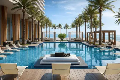 a hotel pool with palm trees and lounge chairs at Ventur Luxe Condo l Oceanview - Gym, Beach Access in Hollywood