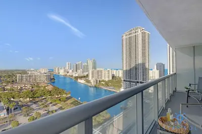 a view of a river from the balcony of a apartment at Modern 1BR with Pool & Balcony in Hallandale Beach