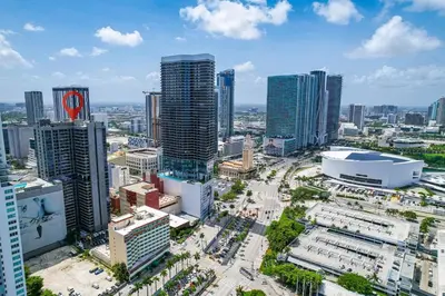 an aerial view of a city with tall buildings at Experience Miami Modern 2 Bed Near Biscayne Blvd in Miami