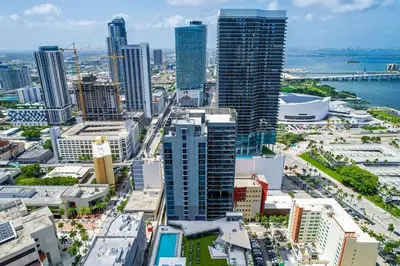 an aerial view of a city with tall buildings at Experience Miami Modern 2 Bed Near Biscayne Blvd in Miami