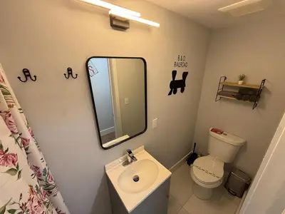 a bathroom with a sink and a toilet and a mirror at Stay Near Wynwood in Miami