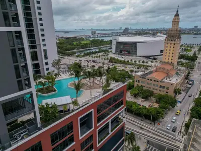 an aerial view of a city with a pool at RumRunner - Hotel style amenities in the heart of Miami in Miami