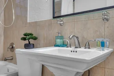 a white sink in a bathroom with a plant at Cozy Miami Private Pool House W- Arcade Games, BBQ in Norland