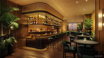 a bar with tables and chairs in a restaurant at Oasis Studio with Gym & Pool in Miami