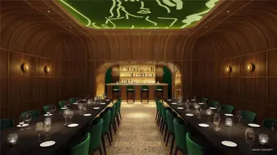 a long table in a room with green chairs at Great Studio Pool Gym & Views in Miami