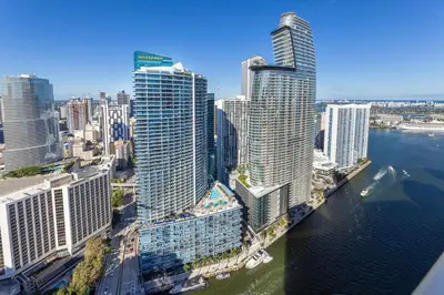 an aerial view of a city with tall buildings at Sky High Penthouse Corner 2BR 2BA Icon Brickell in Miami