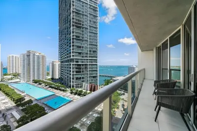 a balcony with a view of the ocean at Incredible Ocean View 1BR 1BA Icon Brickell in Miami