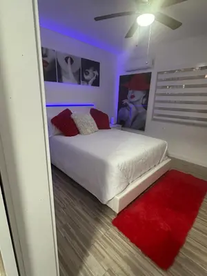 a bedroom with a white bed and a red rug at Villa Clara Red-Little Havana in Miami