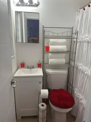 a bathroom with a sink and a toilet and a mirror at Villa Clara Red-Little Havana in Miami