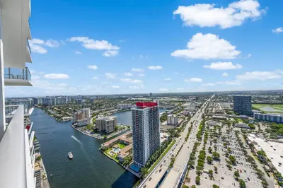 an aerial view of a city with a river and buildings at Stunning High-Floor City View 1BR Hyde Beach House in Hollywood