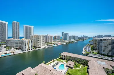 a view of a river in a city with buildings at Amazing Studio in Beachwalk with Pool and Beach in Hallandale Beach