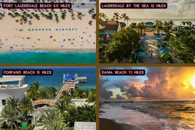 a collage of photos of a beach with the text jurassic beach is us at -Disco Bungalow- One third mile to FTL Marine Center in Fort Lauderdale