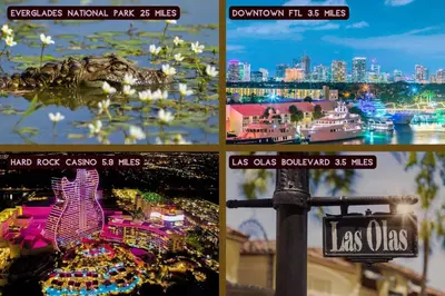 a collage of photos of a city and a street sign at -Disco Bungalow- One third mile to FTL Marine Center in Fort Lauderdale
