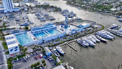 an aerial view of a marina with boats docked at Banyan St. Studio off Las Olas- Steps to the Beach in Fort Lauderdale
