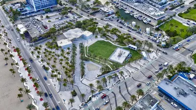an aerial view of a parking lot with palm trees at Banyan St. Studio off Las Olas- Steps to the Beach in Fort Lauderdale
