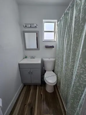a bathroom with a toilet and a sink and a mirror at Cozy Place Near Design District - 4 in Miami