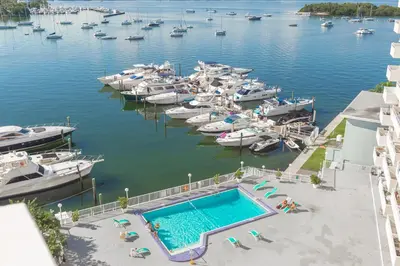 an aerial view of a marina with boats in the water at North Bay in Miami Beach