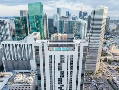an aerial view of a city with tall buildings at Luxury Loft 270 views, Rooftop Pool, Parking in Miami