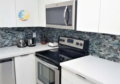 a kitchen with a stove and a microwave at Alexander 518 in Miami Beach