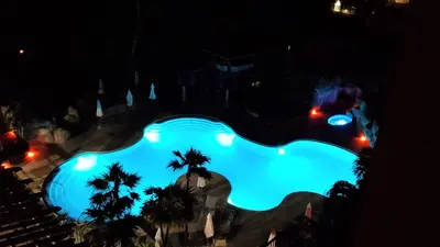 a large swimming pool at night with palm trees at Alexander 718 in Miami Beach
