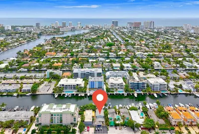 an aerial view of a city with a red marker at Orange Dream on the Water in Fort Lauderdale