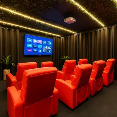 a conference room with red chairs and a tv at Luxury Glow Villa Miami - 4K Private Cinema, Heated Pool & Spa, Game Room - 5BR Lakefront Estate for 12 Guests in Hammocks