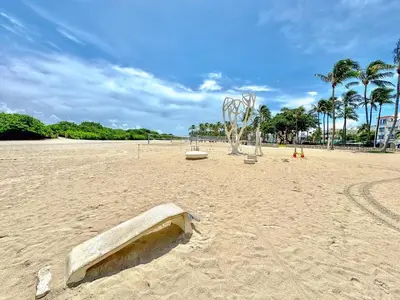 a playground on a sandy beach with palm trees at One block from beach South Beach Ocean Dr-King Bed in Miami Beach