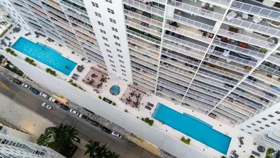 an overhead view of two large cruise ships at Relax and stunning view 20th Floor Views in Miami