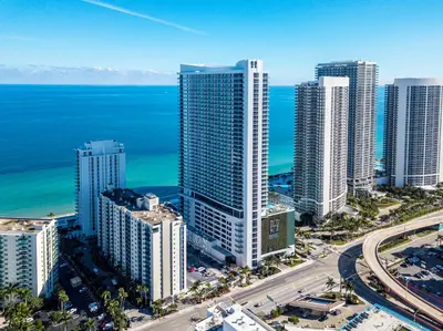 an aerial view of a city with the ocean at Lyfe Resort 2307 in Hollywood